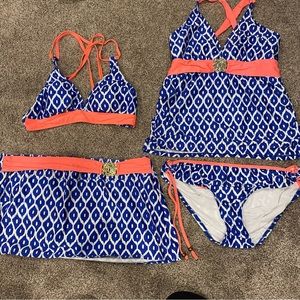 4 piece swim set, blue & coral, tops M, bottoms L